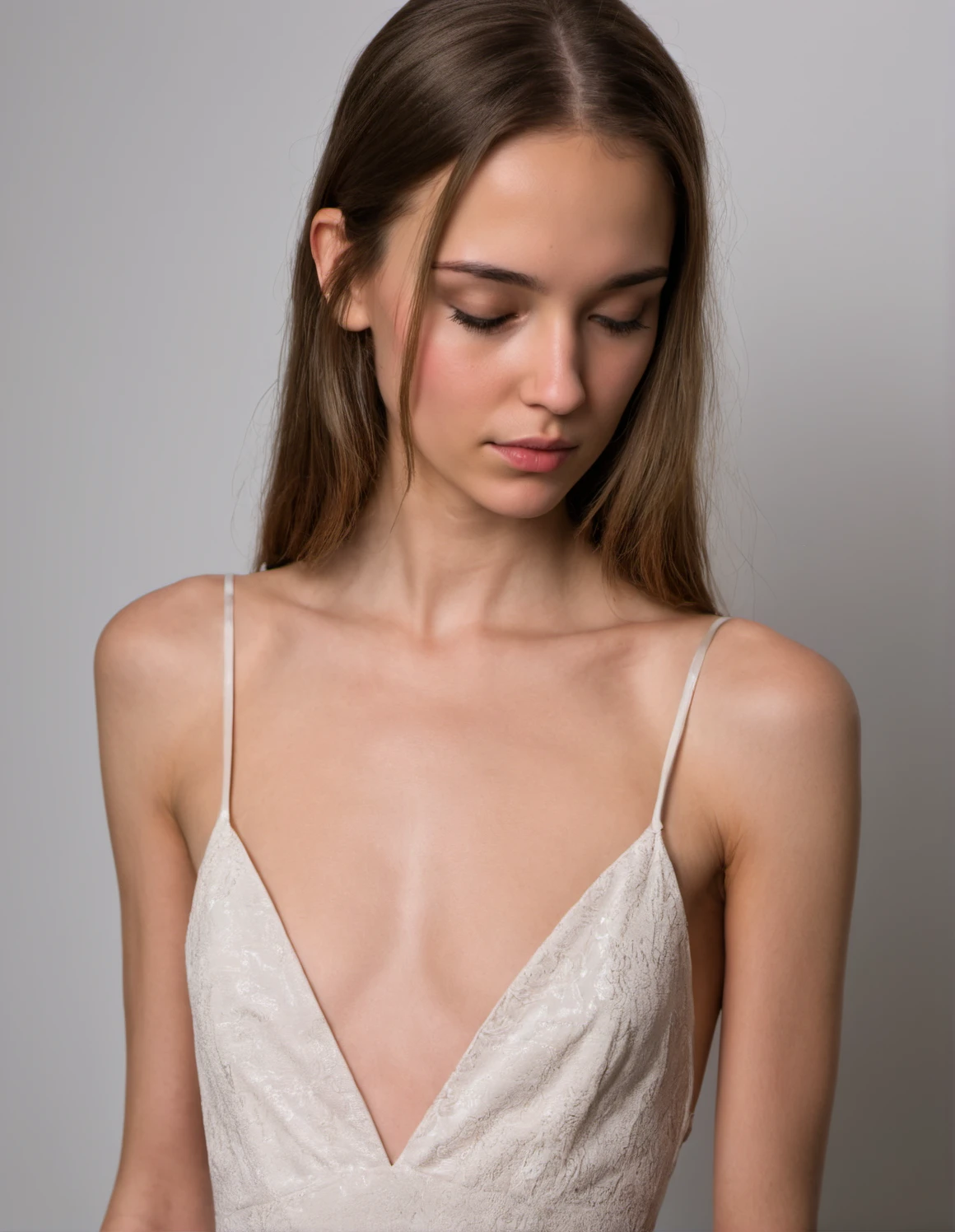 a face portrait of a young (slimwoman:1) looking down in a (small dress with great cleavage) posing for a picture, (flat chest:1), Hyperdetailed Photography, low light, hard shadows, <lora:slimwoman-000002:1.75>, white background, detailed skin texture, skin imperfections