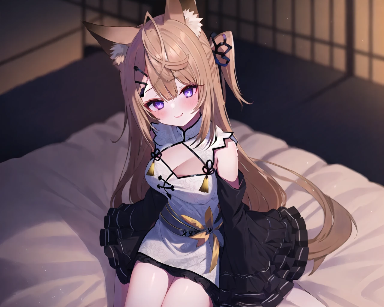 (masterpiece, best quality:1.2), girl, 1girl, solo, kokuri, purple eyes, white chinese clothes, cleavage cutout, fox ears, animal ear fluff, brown blonde very long hair, bangs, ahoge, hair ribbon, hair bell, bare shoulders, detached long black frilled sleeves, frilled black skirt, belt, BREAK
(lap pillow invitation), wariza, sitting, seiza, smile, blush, indoor, cozy bedroom, from above, pov, <lora:Kokuri_10:1>