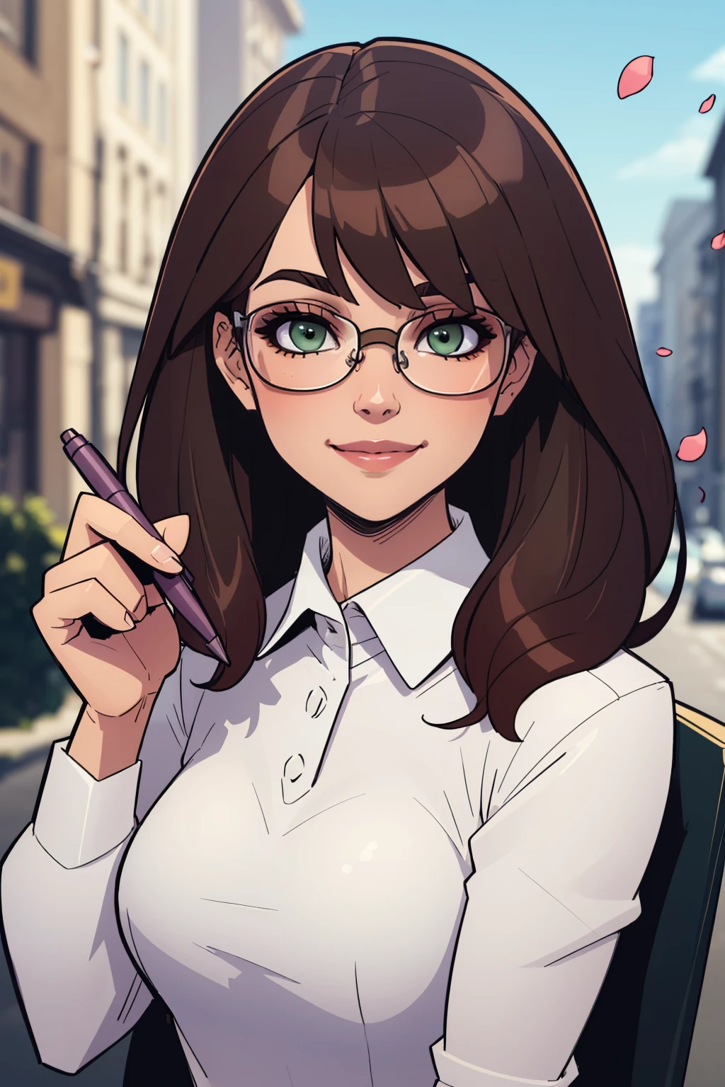 (masterpiece, best quality:1.2),  <lora:balsamique:.95>, balsamique, 1girl, glasses, solo, brown hair, green eyes, looking at viewer, smile, shirt, semi-rimless eyewear, holding, white shirt, blurry, sweater, bangs, collared shirt, blurry foreground, pen, closed mouth, petals, upper body