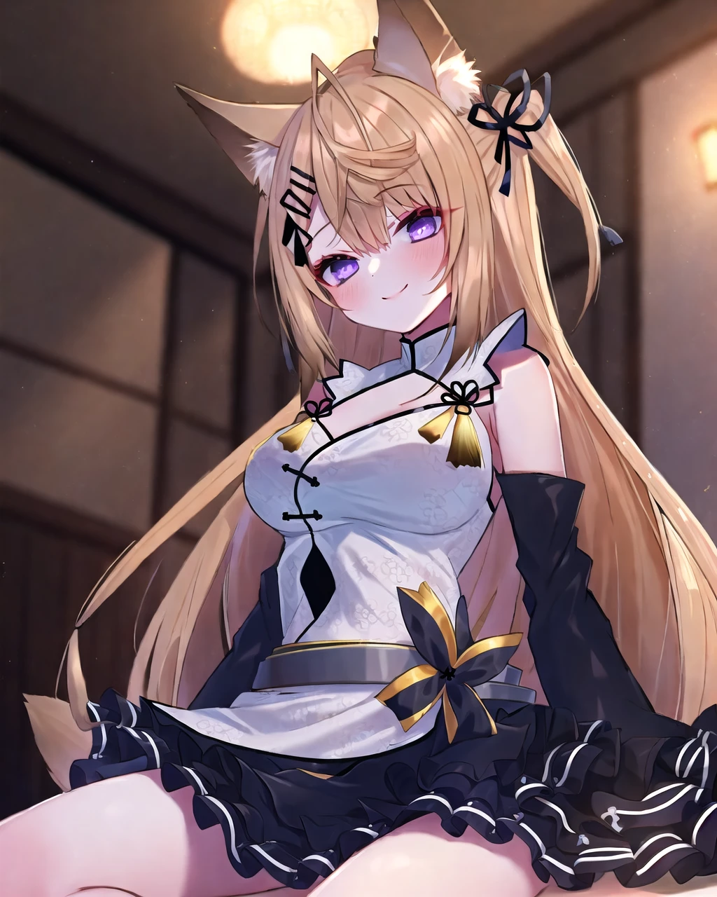 (masterpiece, best quality:1.2), (game cg),  girl, 1girl, solo, (kokuri), purple eyes, (detailed white chinese clothes), cleavage cutout, fox ears, animal ear fluff, brown blonde very long hair, bangs, ahoge, hair ribbon, hair bell, bare shoulders, detached long black frilled sleeves, frilled black skirt, belt,  BREAK
wariza, sitting, smile, blush, indoor, cozy bedroom, from below, <lora:Kokuri_10:1>