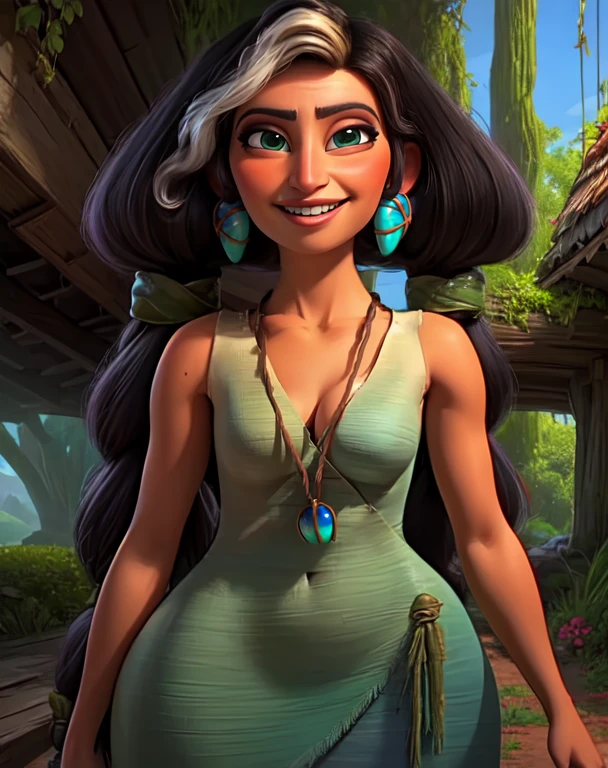 Hope,green eyes,black hair,streaked hair,twintails,
earrings,necklace,dress,
standing,upper body,hips,cowboy shot,
smile,
treehouse,mornings,fantasy,
(insanely detailed, beautiful detailed face, masterpiece, best quality),<lora:Hope-10v7TC2:0.8>,tight,