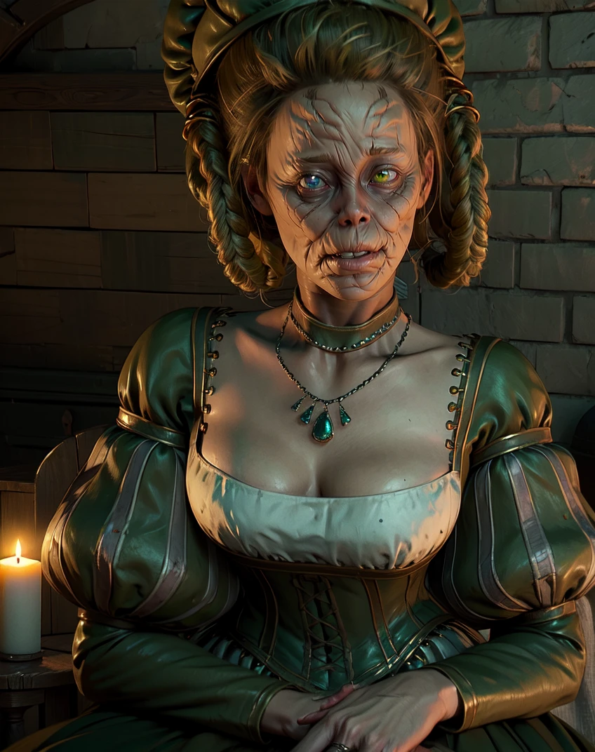 formernoblewife,blonde hair,heterochromia,braid,grey skin,single green eye,
puffy sleeves,green dress,corset,hat,twin hair rings,cleavage,necklace,
sitting,wooden chair,light smile,
prison cell,candles,stone walls,merchandise,
(insanely detailed, beautiful detailed face, masterpiece, best quality) cinematic lighting,solo,<lora:FormerNoblewife-10DSR:0.8>,