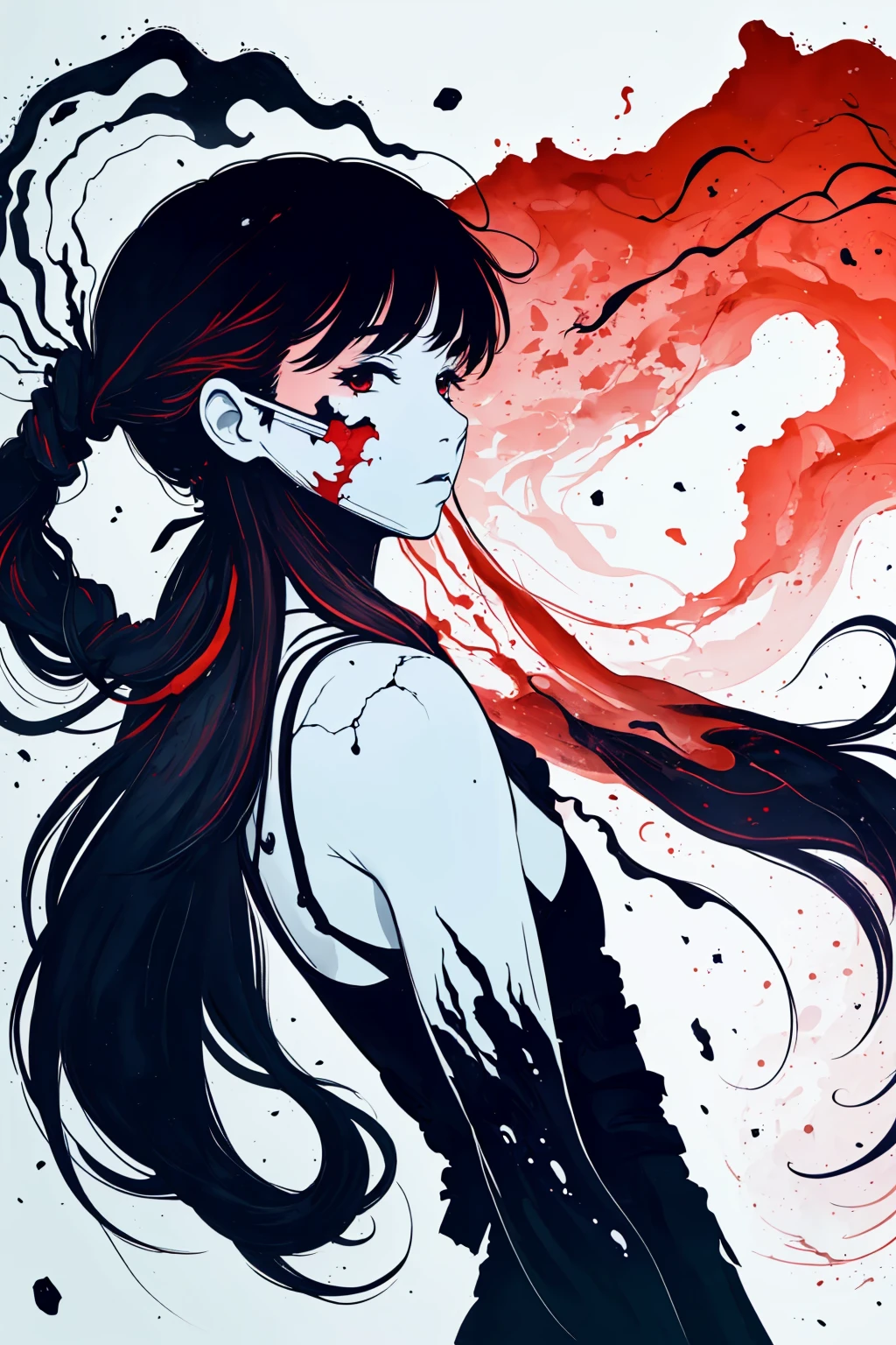 solo, 1boy, male focus, simple background, (extra long hair:1.8), black background, upper body, looking at viewer, mask, facing viewer, waistcoat, skull, crumpled skin, fragmentation of skin, fragmented skin, crumpling skin, cracked skin, skin torn into pieces, cremeic, ceramic style, (abstract art:1.2), dripping, traditional texture, leaf, detailed background, scenery, ink, (silhouette:1.4), swirling mist, (rainbow mist:1.2), <lora:Ink scenery:0.8>