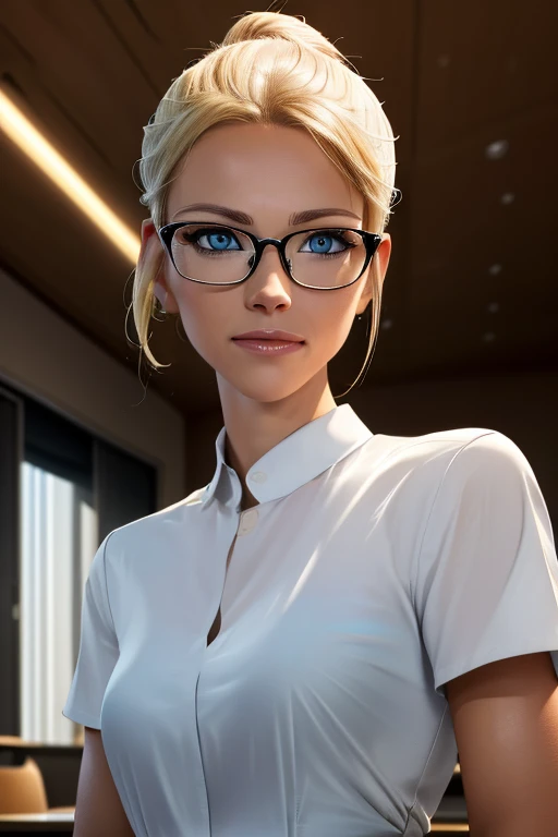 highres, masterpiece, perfect lighting, bloom, cinematic lighting, upper body, marion_rousse, blonde girl, 25yo,in a classroom, (glasses), black sirkt, white shirt, weared as teacher, hair bun, blonde hair, blue eyes<lora:marion_rousse:1>,<lora:more_details:0.3>