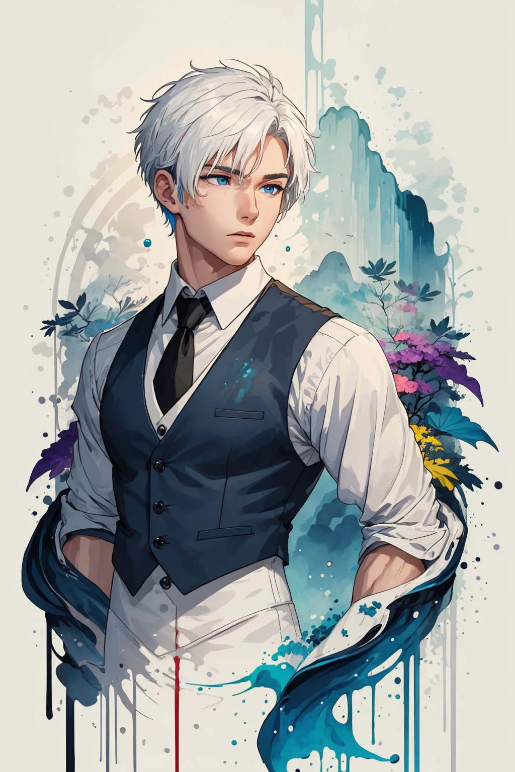 1boy, solo, detailed eyes, masculine face, muscular body, white hair, short hair, sidelocks, blue eyes, black waistcoat, (abstract art:1.2), dripping, traditional texture, leaf, detailed background, scenery, ink, swirling mist, (rainbow mist:1.2), <lora:Ink scenery:0.8>