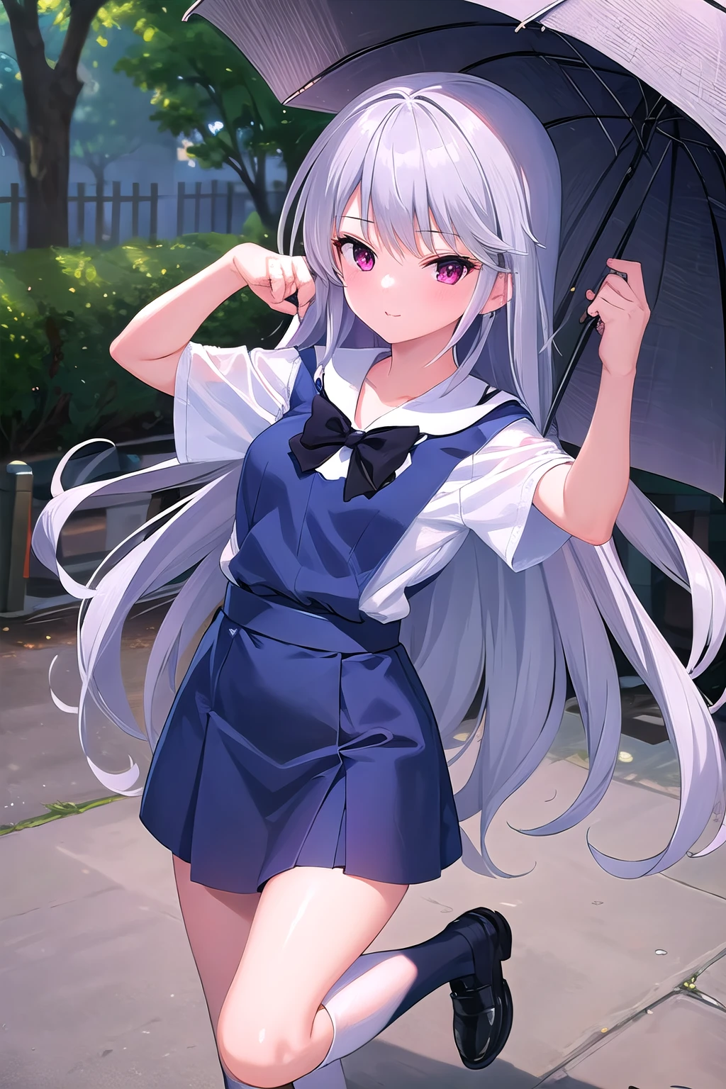 masterpiece, best quality, highres, kei1, 1girl, solo, blue eyes, long hair, social workshop uniform, short sleeves, ribbon, bangs, collarbone, gray hair, black skirt, adult appearance, anatomically correct body, hair ornament, black hair band, black pantyhose, neck ribbon, hair between eyes, medium breasts, sailor collar, back, outdoors, (wind: 1.4), panties: 1.3)