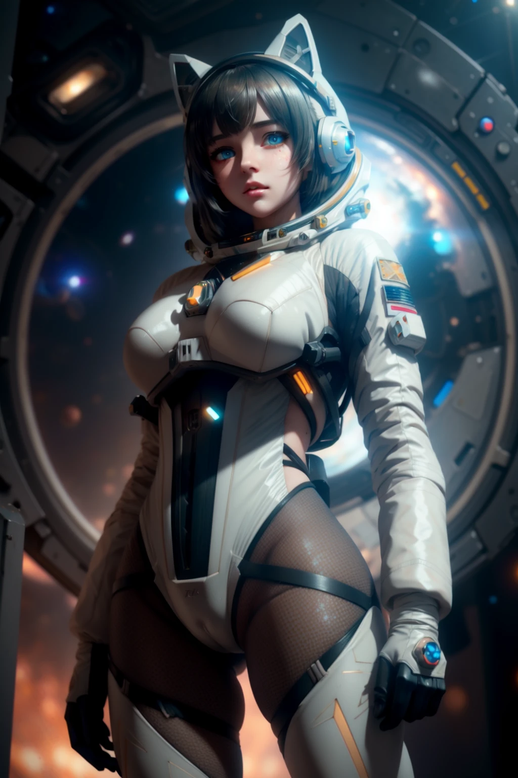 18 years old Spanish girl, ((full body)), ((nude)), ((heavily armored space commander)), beautiful chest, standing with her legs spread apart, in her huge space ship at deep space far from the galaxy, no planet and no moon around there, milky way outside of the ship, zoom in from below