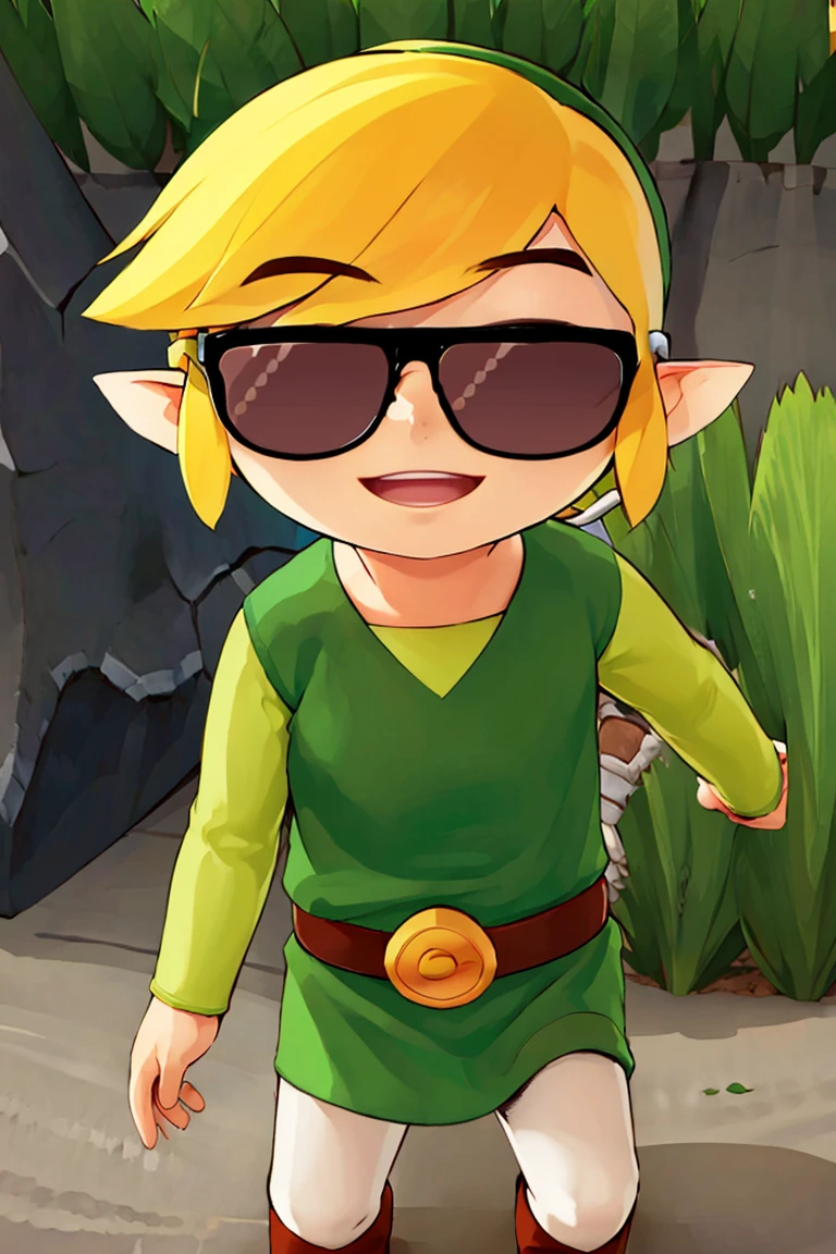 <lora:ricegnat_style:0.8>,((masterpiece,best quality)), <lora:Toon_Link_Zelda:0.9>, Toon_Link_Zelda, sunglasses, meme, solo, 1boy, green tunic, belt, solo, smiling, standing, looking at viewer,