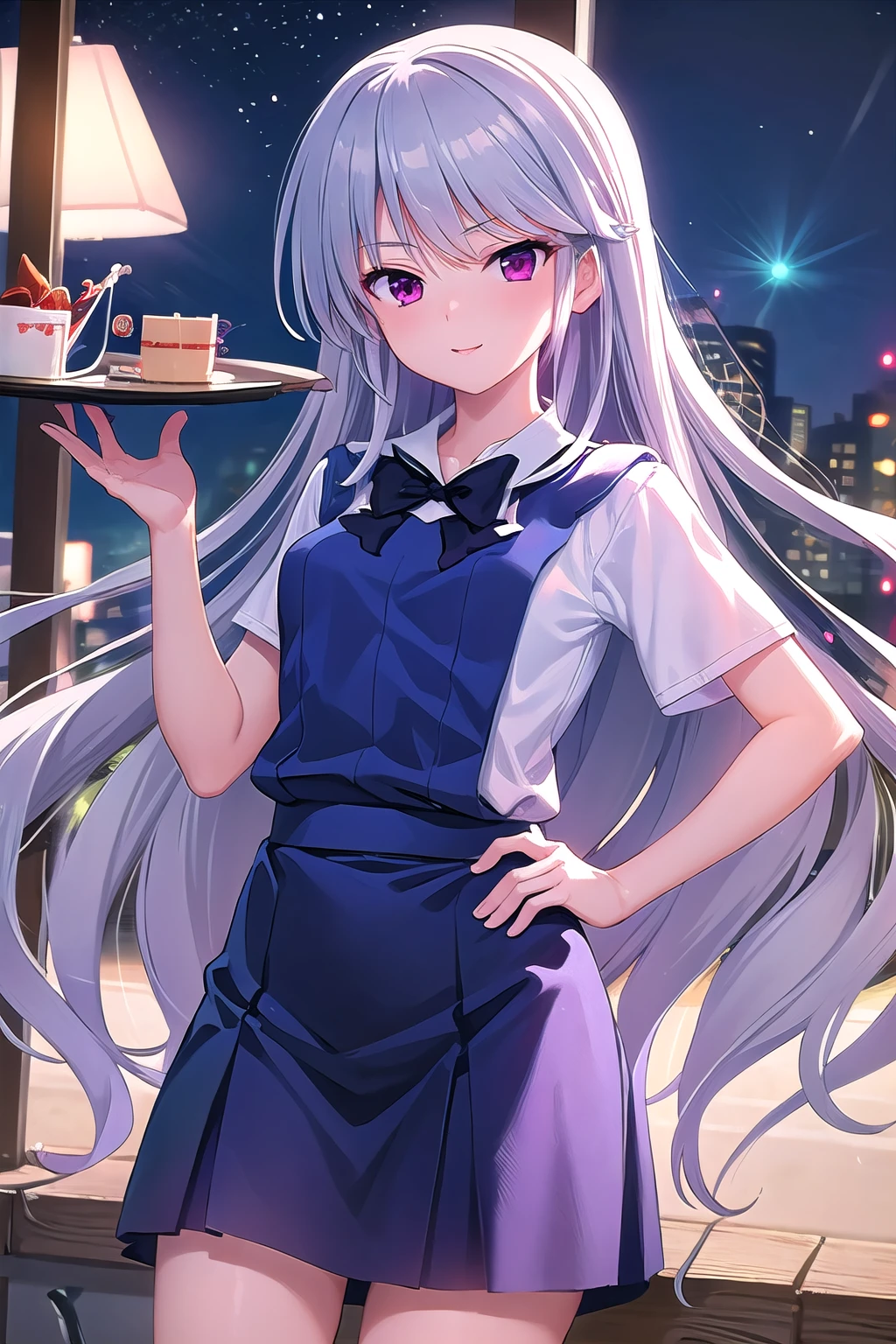 masterpiece, best quality, ultra-high-detailed, kazami kazuki, silver hair, long hair, purple eyes, school uniform, black bow,