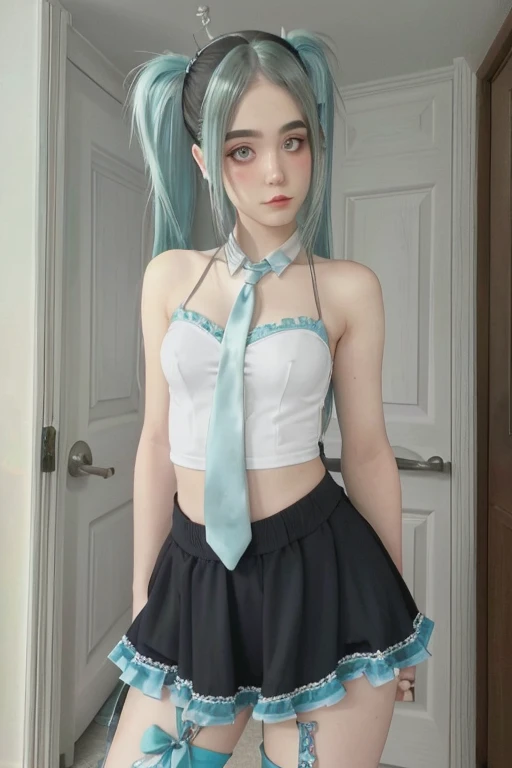 a woman wearing miku cosplay, hatsune miku, 3d, anime, very long hair, blue hair, twintails:1.5, looking at viewer,