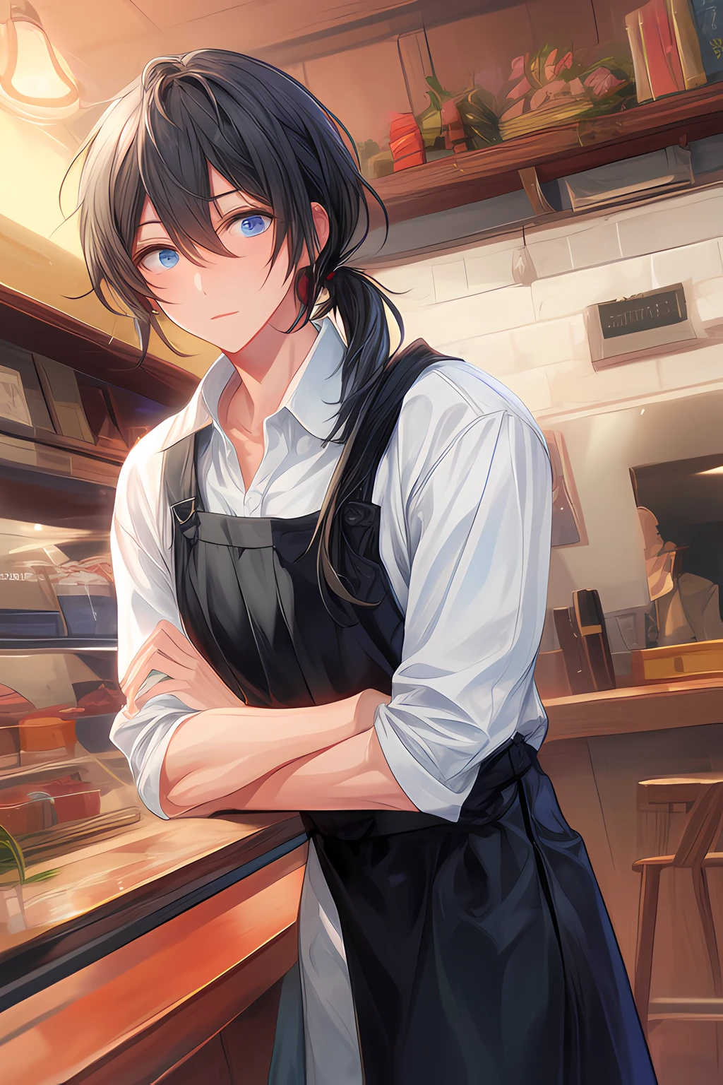 NIJI, shiina niki, dark gray hair, blue eyes, low ponytail, male focus, coffee shop, white shirt, black apron, ☕