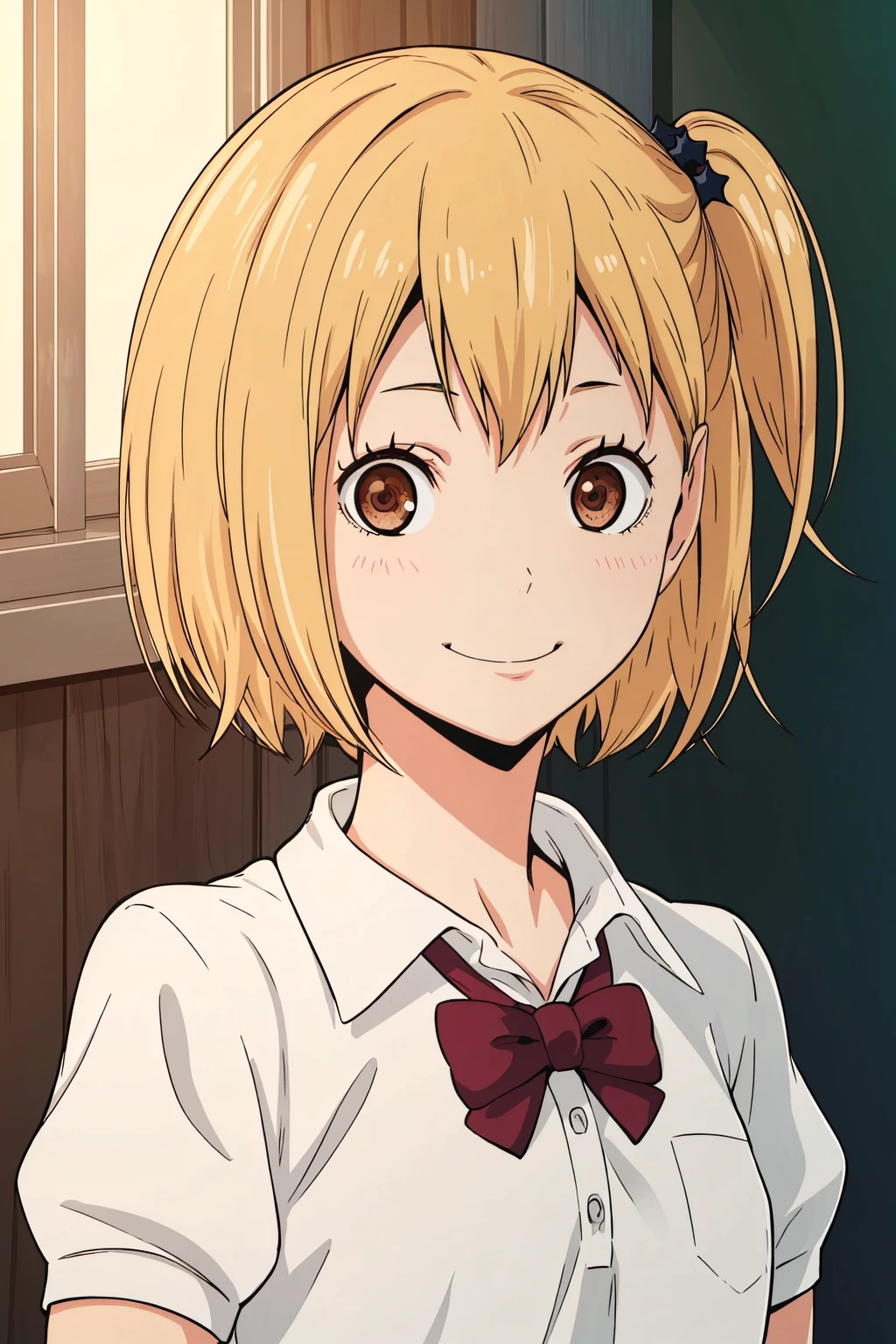 (masterpiece, best quality, high quality, highres, ultra-detailed), <lora:Hitoka_Yachi-20:1.0>,
hitoka yachi, white-uniform, 1girl, solo, looking at viewer, short hair, blonde hair, shirt, hair ornament, bow, brown eyes, school uniform, white shirt, upper body, collared shirt, bowtie, side ponytail, one side up, smile,