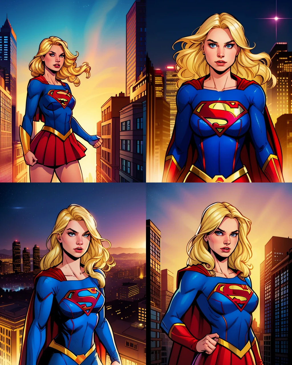 supergirl, pretty, blonde, dynamic lighting, upper body, city background, 2D flat, colored illustration, graphic novel style, cross hatching, inked, comic style, sharp, extreme detailed, HD, HDR, 4K, masterpiece, high quality, high resolution, breathtaking, award-winning, professional