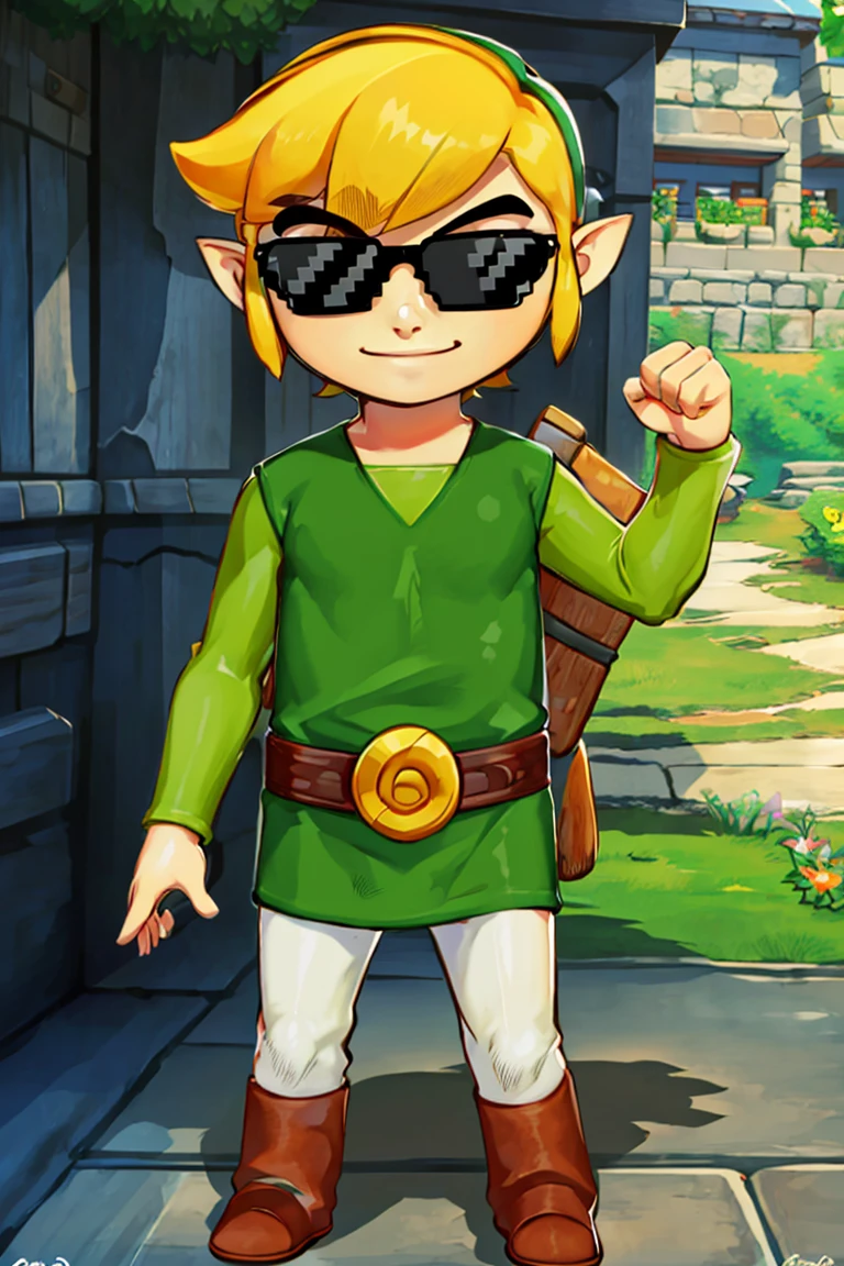 <lora:Genzoman_Style_Dim64:0.6>,((masterpiece,best quality)), <lora:Toon_Link_Zelda:0.9>, Toon_Link_Zelda, sunglasses, meme, solo, 1boy, green tunic, belt, solo, smiling, standing, looking at viewer,