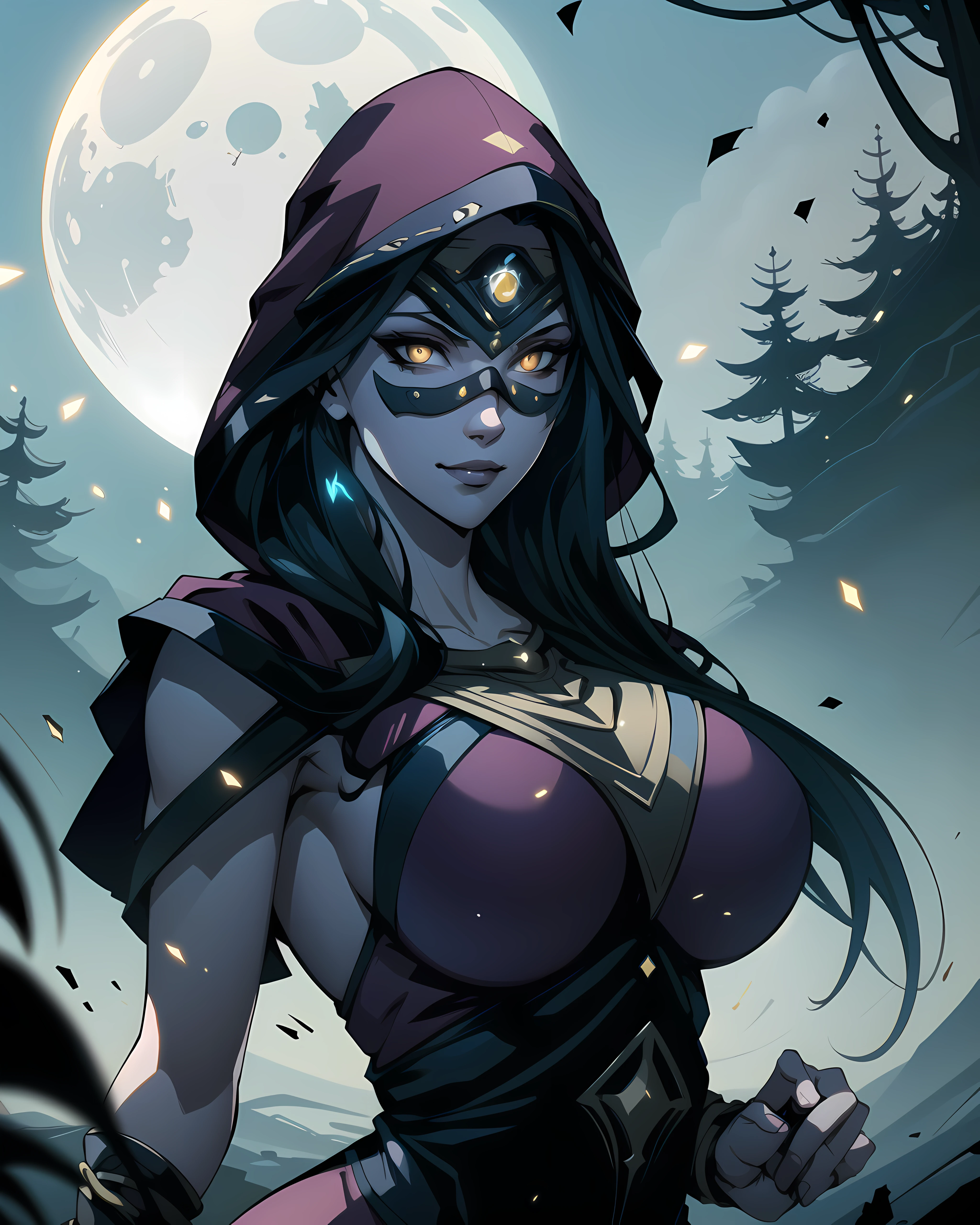 highly insanely detailed, masterpiece, top quality, best quality, highres, 4k, 8k, RAW photo, (1girl),solo, Sadira, domino mask, 
 magic particles, dust particles, comic style, lineart,
magic,  floating hair,
(random colors cloth, random colors hair, random long hair, dynamic hair, glowing hair),(dynamic weather),amazing composition,  depth of field, movie composition, (huge breasts:1), (bloom:0.6),(volumetric lighting), 
forest, nature, night, moon, sexy smile, smile, (sexy pose),provocative pose, frown, closed lips, emotionless, sideboob, sad,
 looking at viewer,
 <lora:Sadira_v01:1>