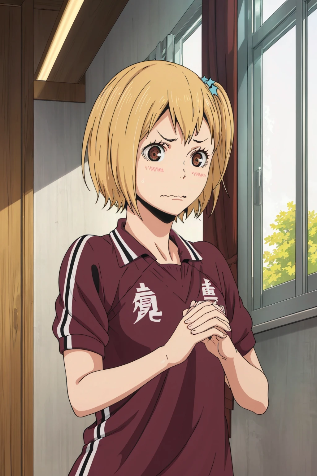 (masterpiece, best quality, high quality, highres, ultra-detailed), <lora:Hitoka_Yachi-20:1.0>,
hitoka yachi, red-sportswear, 1girl, solo, blush, short hair, blonde hair, hair ornament, brown eyes, clenched hands, sportswear, hallway, wavy mouth,
