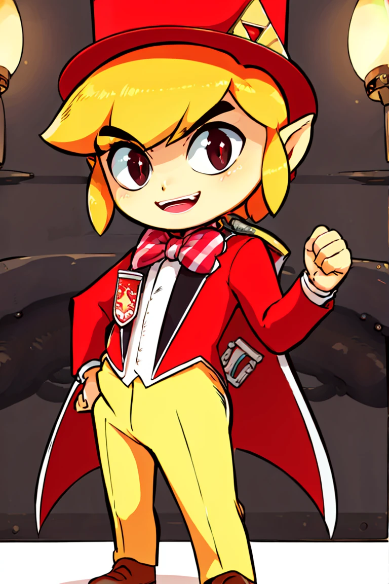 <lora:Diives_Style:0.8>,((masterpiece,best quality)), <lora:Toon_Link_Zelda:0.9>, Toon_Link_Zelda, black eyes, solo, 1boy, top hat, bowtie, red formal clothes, solo, smiling, standing, looking at viewer,