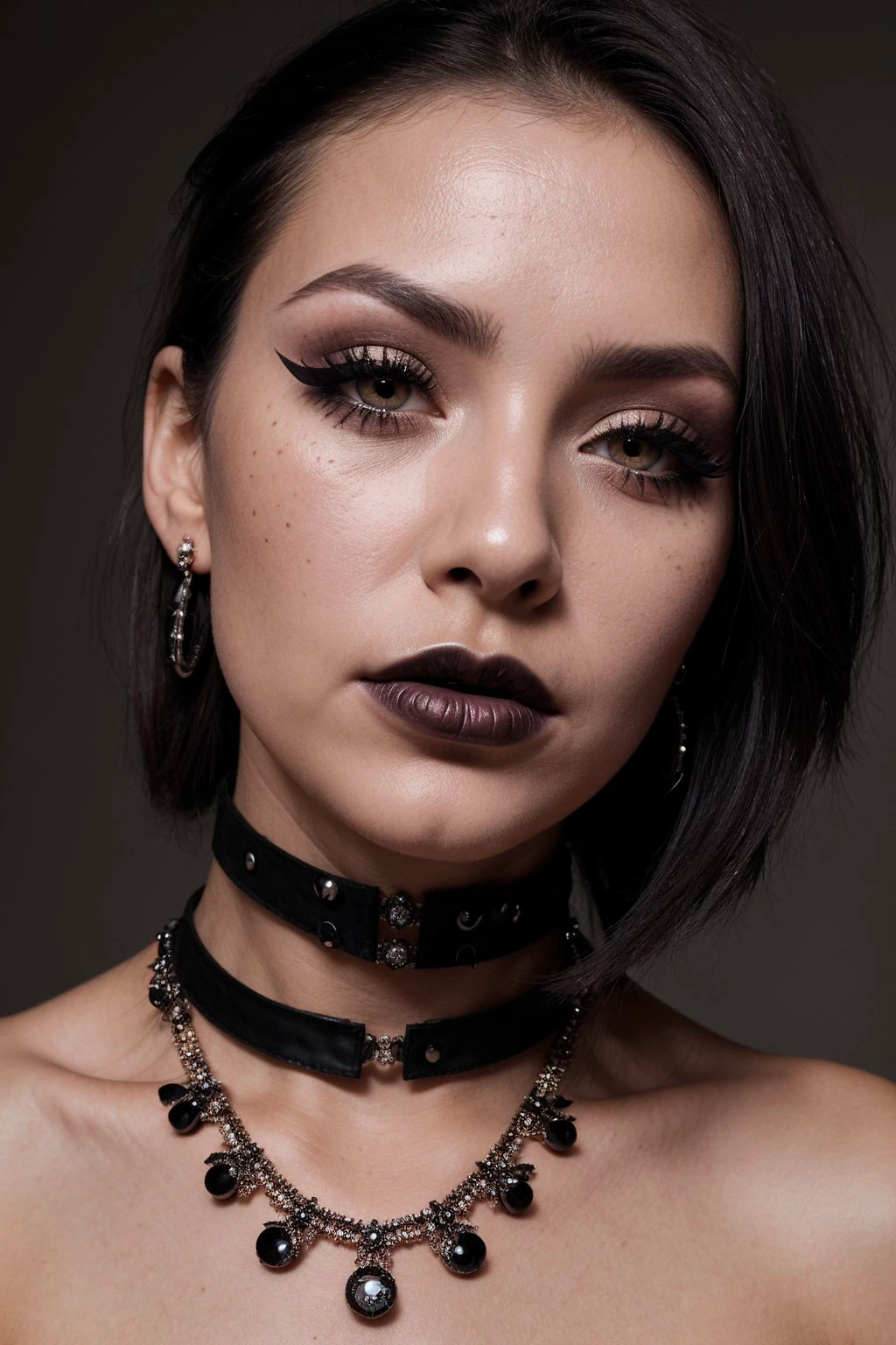 face close up, glamour photography of a random stylish goth girl, edgy vibe, dark, mascara, eyeliner, dark cheeks, Unique facial piercings with ornate jewelry, Round eyes, Dimples, Smoky eye makeup, Defined jawline, skin pores, shiny skin, grainy, harsh flash lighting, sepia tone