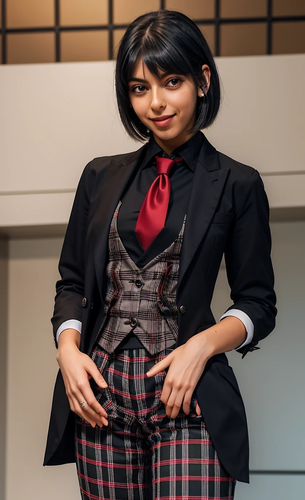 embedding:avery-mpl-step00001000 wearing long chequered trousers, a waistcoat and black suit jacket with a tie, elegant, face