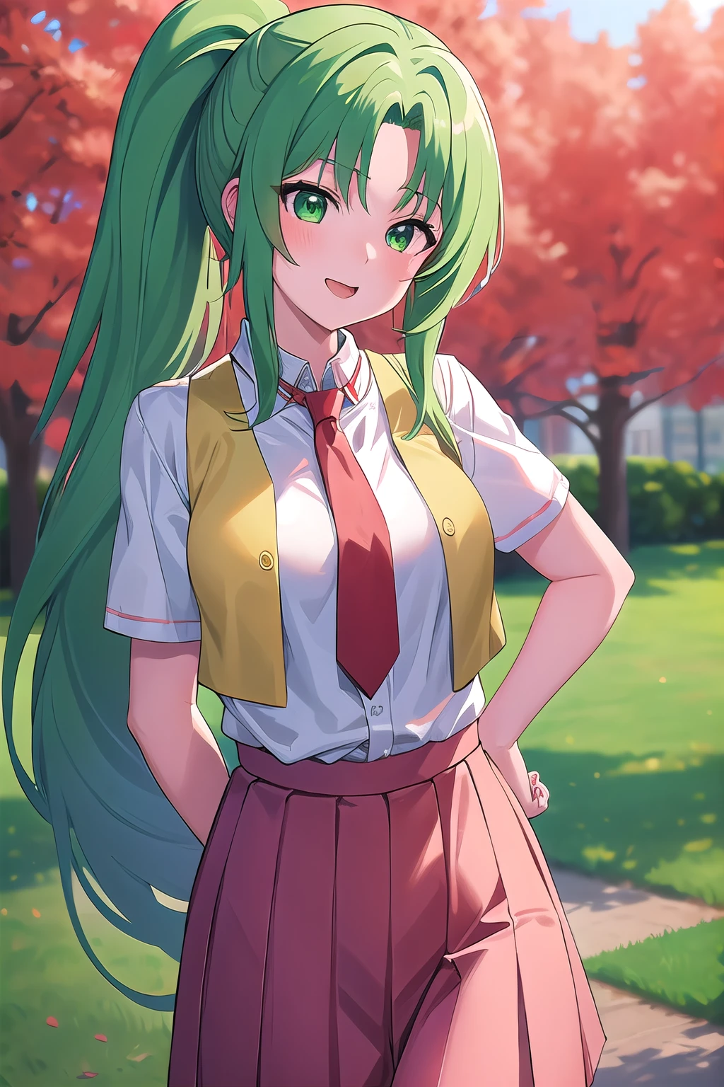 masterpiece, best quality, ultra-high-detailed, 1girl, Mion Sonozaki, green hair, green eyes, ponytail, white shirt, red necktie, yellow vest, red skirt,