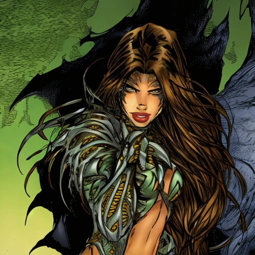 <lora:MTMSImagineComicsStyleV2Lora:0.8> mtms, witchblade, woman with brown hair, green, yellow, silver, armor, spikes, tendrils