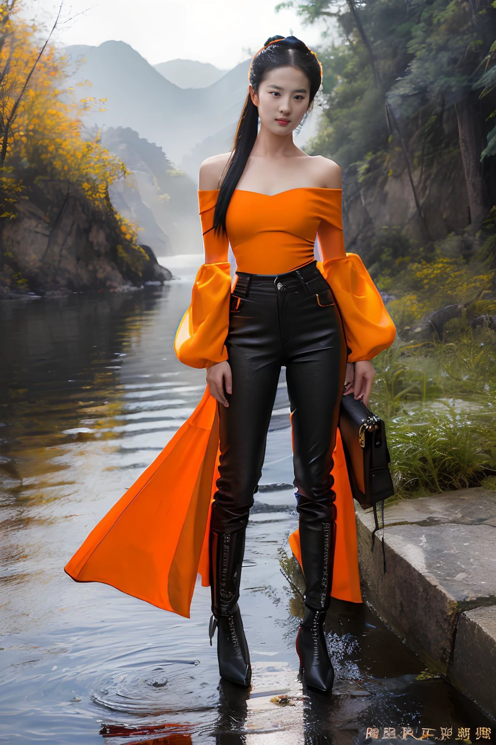 liuyifei <lora:liuyifei_dragon_mj7_3:0.6>,masterpiece, professional photography, photorealistic, detailed clothing, hyperrealistic, artstation,, highly detailed, sharp focus,stunningly beautiful, dystopian,,slim body, sexy, best proportions, small breast, narrow waist,real life, A vibrant orange off-the-shoulder top paired with high-waisted black pants and black ankle boots