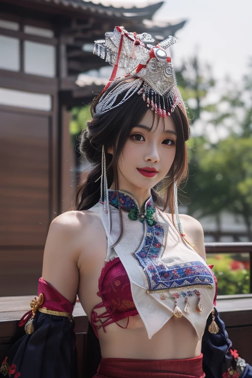 ltra-detailed,highly detailed,best quality,masterpiece,illustration,realistic,
guqinghan,fhz, 1girl, solo, upper body, medium breasts,
hat,hair ornament,hat tassel, chinese clothes, traditional clothes, bare shoulders,dress, detached sleeves, jewelry, print clothes,
long hair, bangs,light smile,
photo background, photo inset, blurry background, reference inset, outdoors,building, east asian architecture, night, star \(sky\),
<lora:guqinghan fhz_v3_06:0.7>
