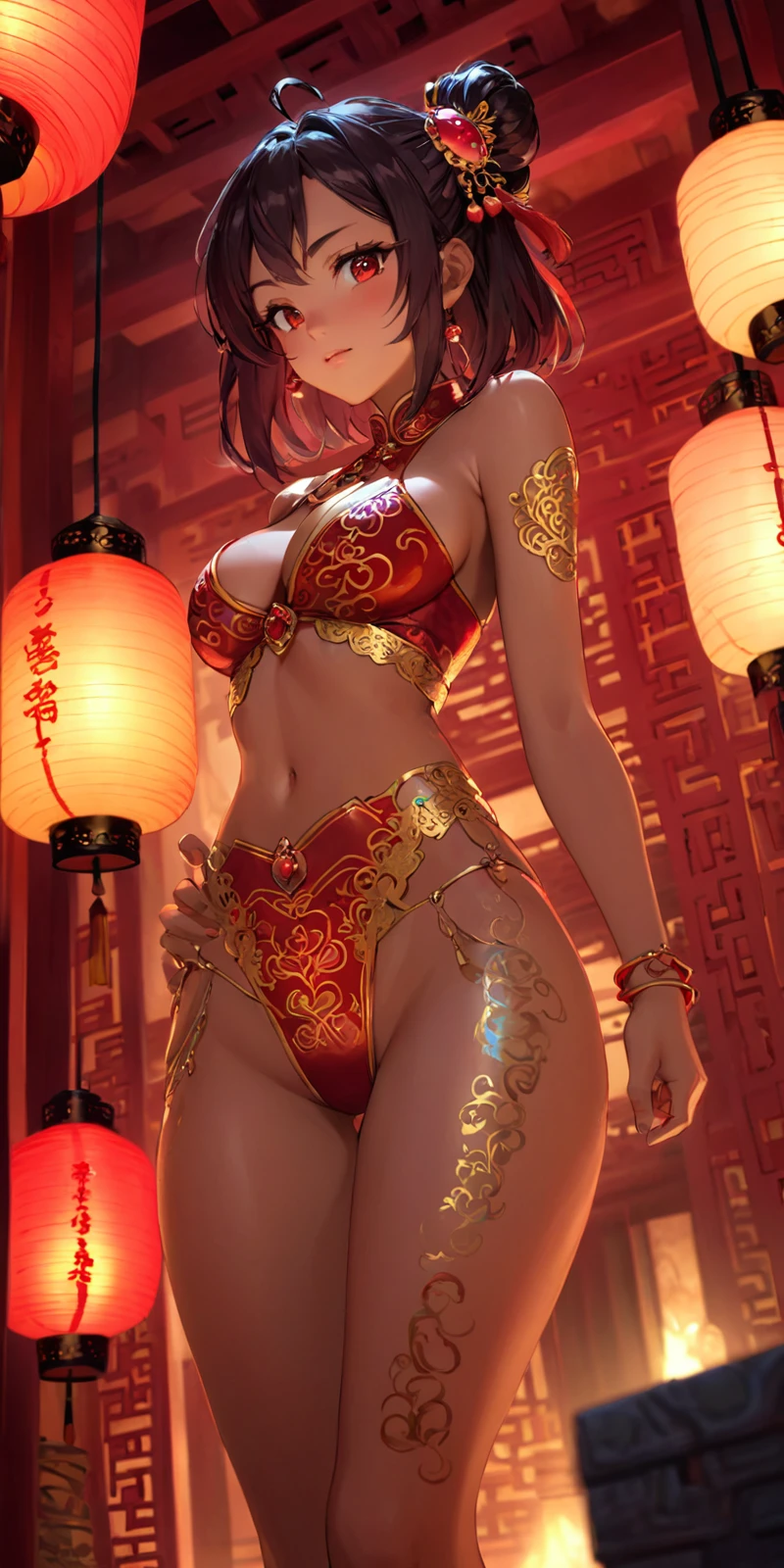 extreemely detailed,
rpg game hero,
sexy, ancient chinese chity, night, red chinese lamps,
chromatic aberration, colorful lighting conditions, oily skin, dynamic angle, standing, closeup
cleavage, hair ornament,
showing nipples, bare breasts, nsfw,
focus on legs, high definition photo, ultra detailed skin, ultra detailed face, small skin imperfections, 1girl, French bob, medium boobs, Tall body, dark eyes, Mahogany hair