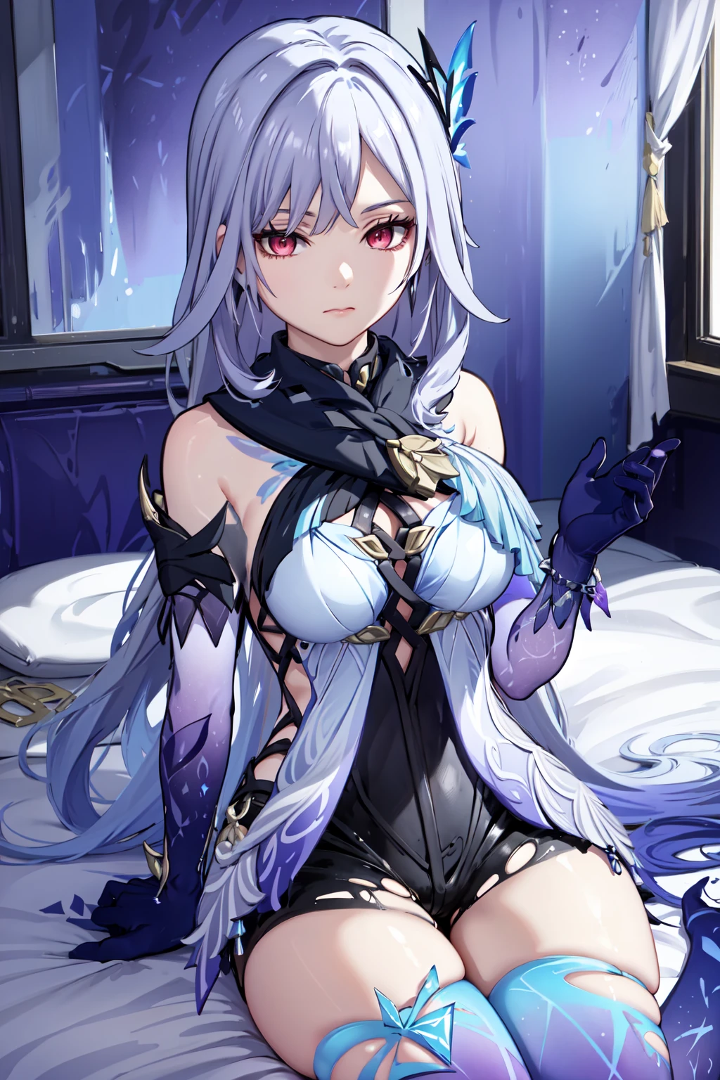 skirk, 1girl, long hair, thighhighs, gloves, upper body, looking at viewer, elbow gloves, jewelry, bedroom, bare shoulders, white dress, bangs, earrings, gradient legwear, breasts, hair ornament, closed mouth, pale purple hair, blue gloves, sitting, gradient clothes, torn clothes, blue thighhighs, red eyes, black shorts
<lora:skirk:1>