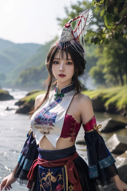 ltra-detailed,highly detailed,best quality,masterpiece,illustration,realistic,
guqinghan,fhz, 1girl, solo, cowboy shot,
hat,hair ornament,hat tassel, chinese clothes, traditional clothes, bare shoulders,dress,  detached sleeves,  jewelry, print clothes,
long hair, bangs,
photo background, photo inset, blurry background, reference inset, outdoors,nature,river,
<lora:guqinghan fhz_v3_06:0.7>