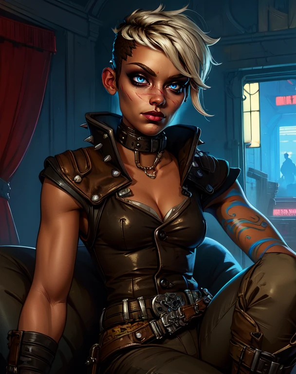 Tyreen,white hair,blue eyes,two-tone hair,blue tattoo,scar on face,undercut,eyeshadow,eyebrow cut,makeup,upper body,sitting,smug,
TyrCoat,fingerless gloves,sleeveless,belt,spikes,boots,pants,collar,shirt,brown attire,cleavage,midriff,
cyberpunk tv show,
(insanely detailed, beautiful detailed face, masterpiece, best quality),<lora:TyreenCalypso-10v7BL3:0.7>,