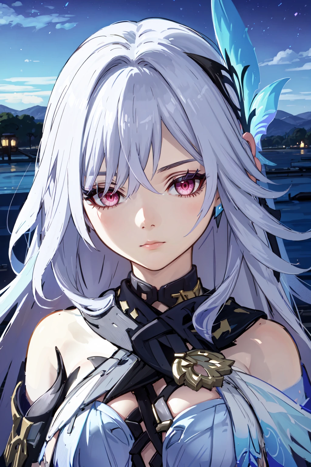 skirk, 1girl, long hair, hair ornament, looking at viewer, bare shoulders, bangs, closed mouth, dress, pale purple hair, hair between eyes, red eyes, portrait, white dress, gloves,
outdoor, landscape
<lora:skirk:1>