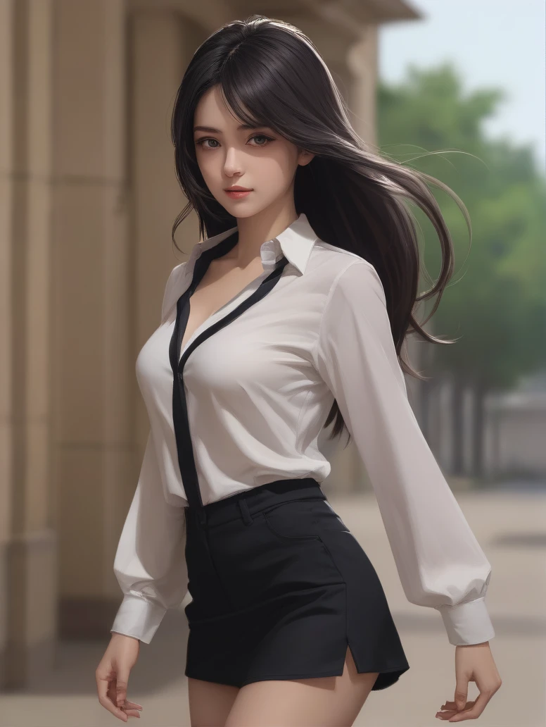 Portrait draw beautiful girl dark hair, gray eyes, open Shirt, she walks to the Post. , fullbody, anime