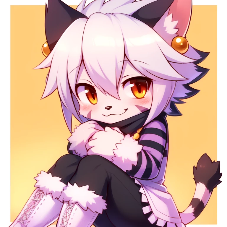 elh, elhattire, chibi, 1girl, furry female, (furry:1.2), full body, white boots, black pants, striped tail, sitting, hugging own legs, :3, looking at viewer, smile, blush, body fur, fur trim, upper body, cat ears, white hair, short hair, earrings, red eyes, orange eyes, facial mark, animal nose, striped sleeves, (masterpiece, best quality:1.3), simple background, white border <lora:Elh:.9>