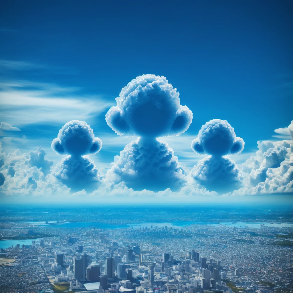 <lora:cloud_v1:0.7>, cloud, blue sky, day, landscape, cityscape, pale chibi, boy, album cover, surreal, skyline, island, cumulonimbus cloud, CHCL, character cloud