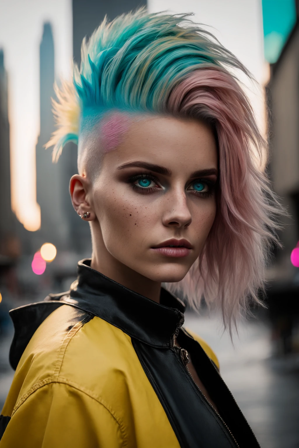 A girl with short  multicolored pink teal and yellow hair faux hawk style, outdoors, cyberpunk city, she has shaved hair, mohawk style  EarthPorcelain