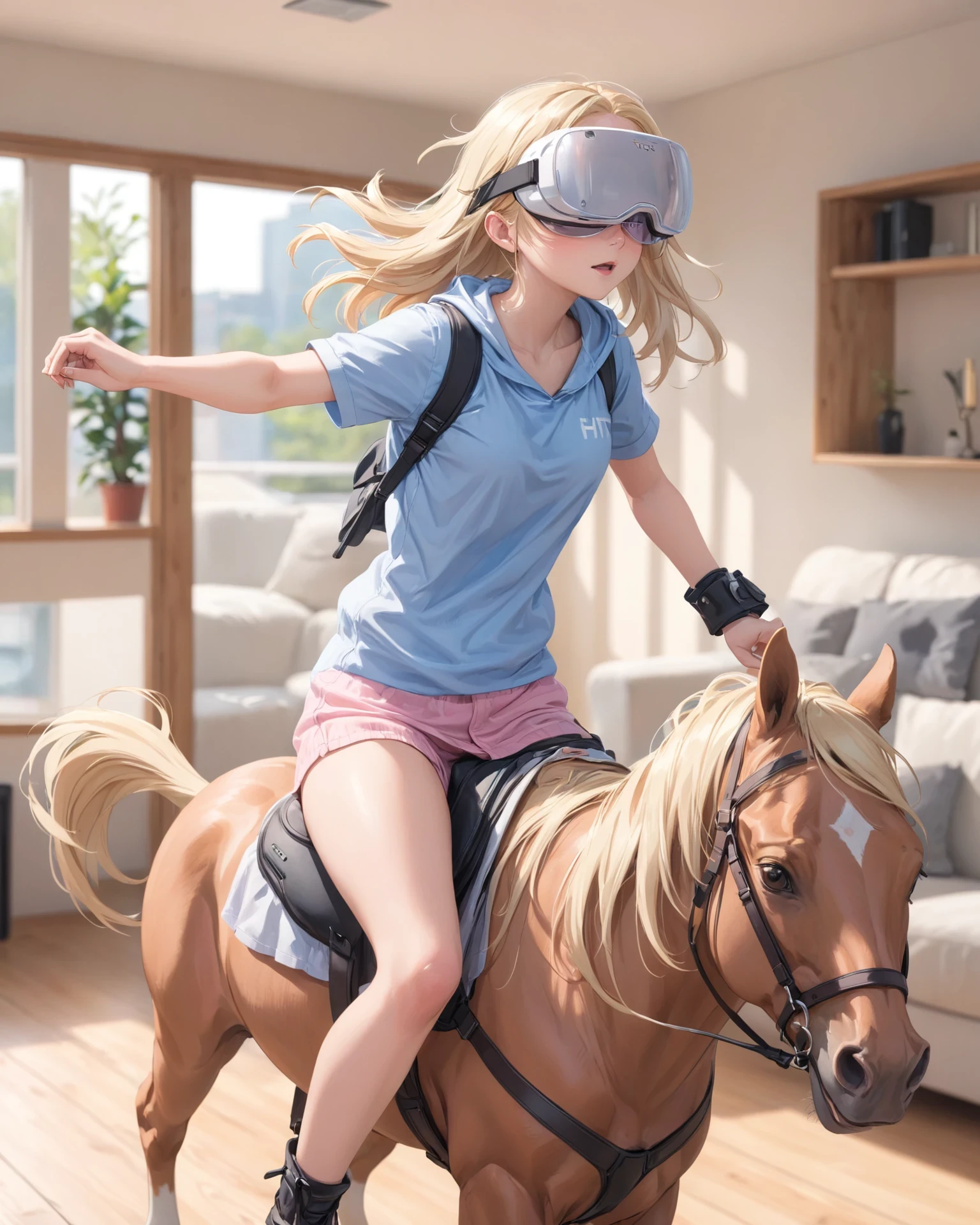 anime, pastel colors, girl riding horse, wearing vr goggle, HTC Vive, blonde hair, casual clothes, sweat, living room, Bokeh, motion line, motion blur, high speed