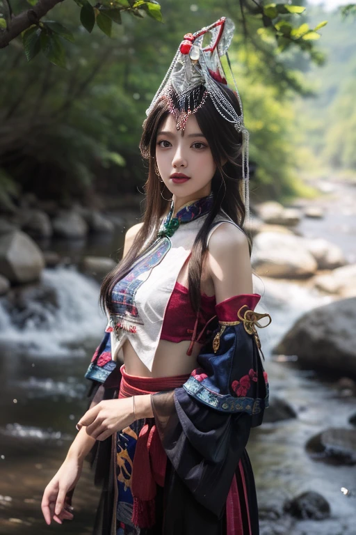ltra-detailed,highly detailed,best quality,masterpiece,illustration,realistic,
guqinghan,fhz, 1girl, solo, cowboy shot,
hat,hair ornament,hat tassel, chinese clothes, traditional clothes, bare shoulders,dress, detached sleeves, jewelry, print clothes,
long hair, bangs,
photo background, photo inset, blurry background, reference inset, outdoors,nature,river,
<lora:guqinghan fhz_v3_06:0.7>