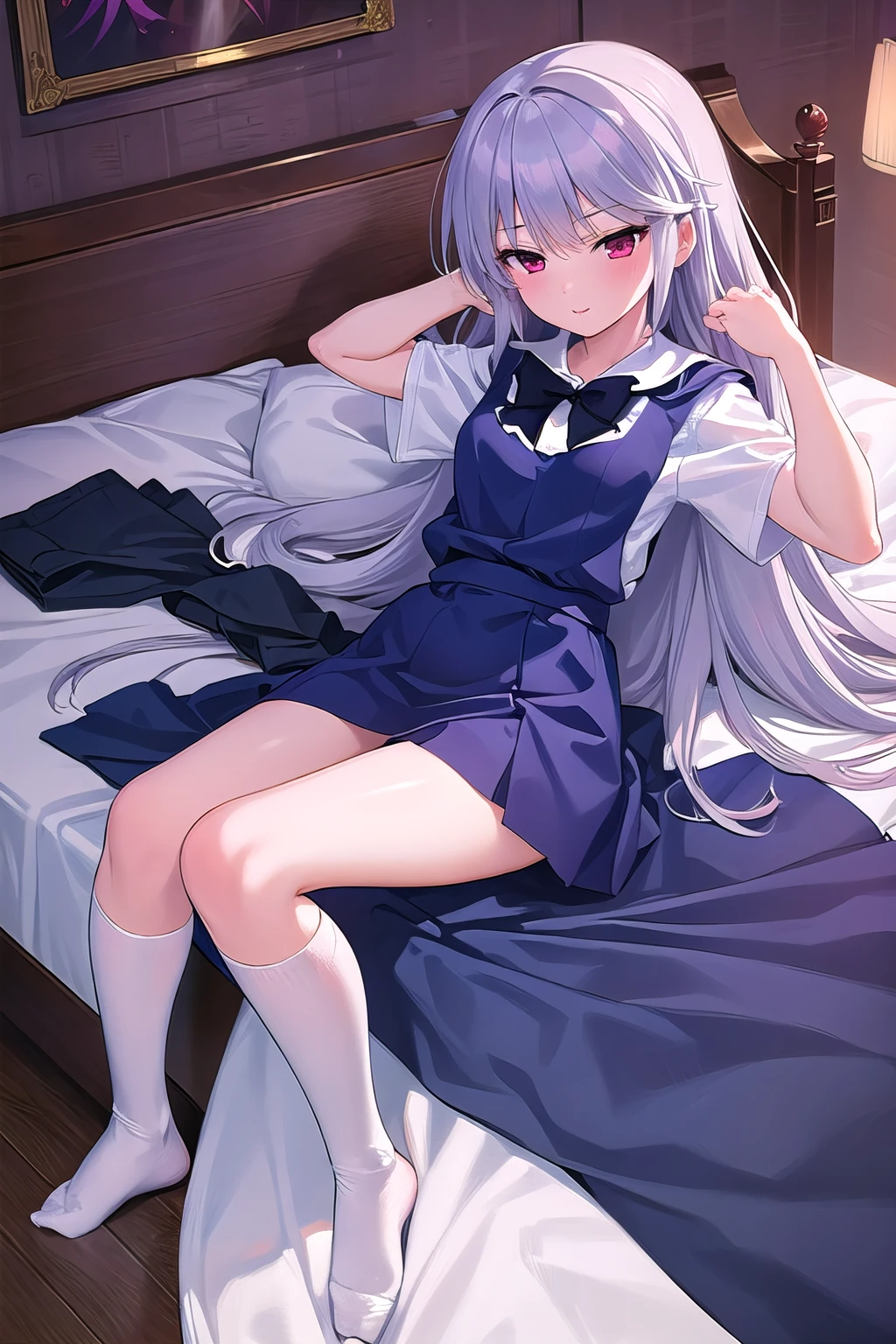 masterpiece, best quality, ultra-high-detailed, 1girl, kazami kazuki, silver hair, long hair, purple eyes, school uniform, black bow, white kneehighs, lying on back, bed, sheets