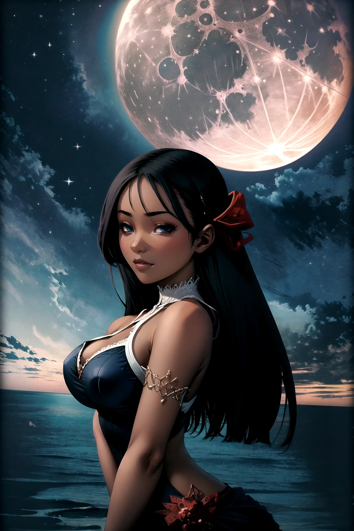 <lora:KnightsInTheNightmare-18:1.0> kitn, 1girl, dark_skin, black_hair, large_breasts, swimsuit, beach, ocean, night_sky, moon, castle,, beautiful, (masterpiece:1.2), (best quality:1.2), perfect eyes, perfect face,<lora:perfectfingers:1.0>