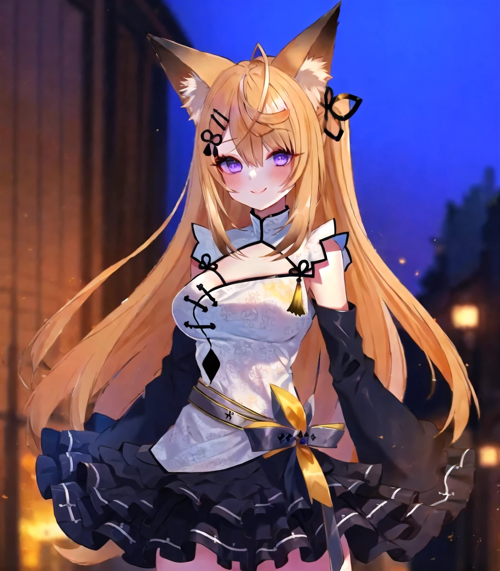 (masterpiece, best quality:1.2), (game cg), girl, 1girl, solo, (kokuri), purple eyes, (detailed white chinese clothes:1.2), cleavage cutout, fox ears, animal ear fluff, brown blonde very long hair, bangs, ahoge, hair ribbon, hair bell, bare shoulders, detached long black frilled sleeves, frilled black skirt, belt, BREAK
standing, dancing, smile, blush, looking at viewer, outdoor, tokyo street, <lora:Kokuri_10:1>