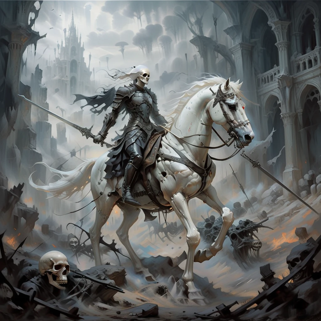 The image features a skeleton dressed in black armor riding a fierce, white horse through a desolate, eerie landscape. The skeleton is gripping a long weapon in its hand and is projecting an intense focus on the path ahead. Scattered across the foreground are human skulls and bones adding to the ghostly atmosphere. In the far distance, you can discern a structure, appearing to be in ruins, further intensifying the feeling of desolation. <lora:godoil:0.75>