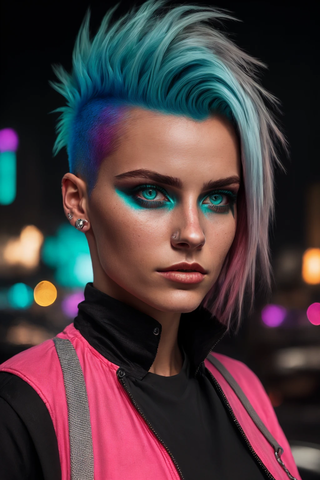 A girl with short  multicolored pink teal and blue hair faux hawk style, red eyes, outdoors, cyberpunk city, she has shaved hair, mohawk style  EarthPorcelain