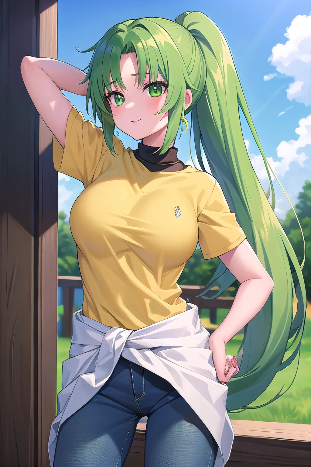 tmasterpiece, Best quality at best, hyper-high detail, 1个Giant Breast Girl, Heart-shaped pubic hair, public hair,   Sonozaki Mion, Green hair, green-eyed, pony tails, Yellow T-shirt, , pony tails