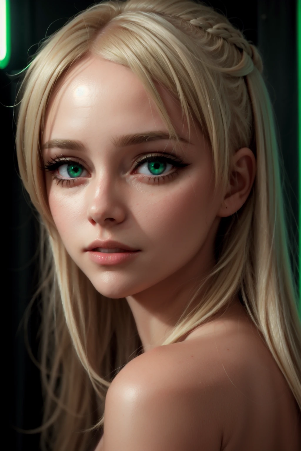 a woman, portrait, close-up, blonde, eyes green , neon, realistic,