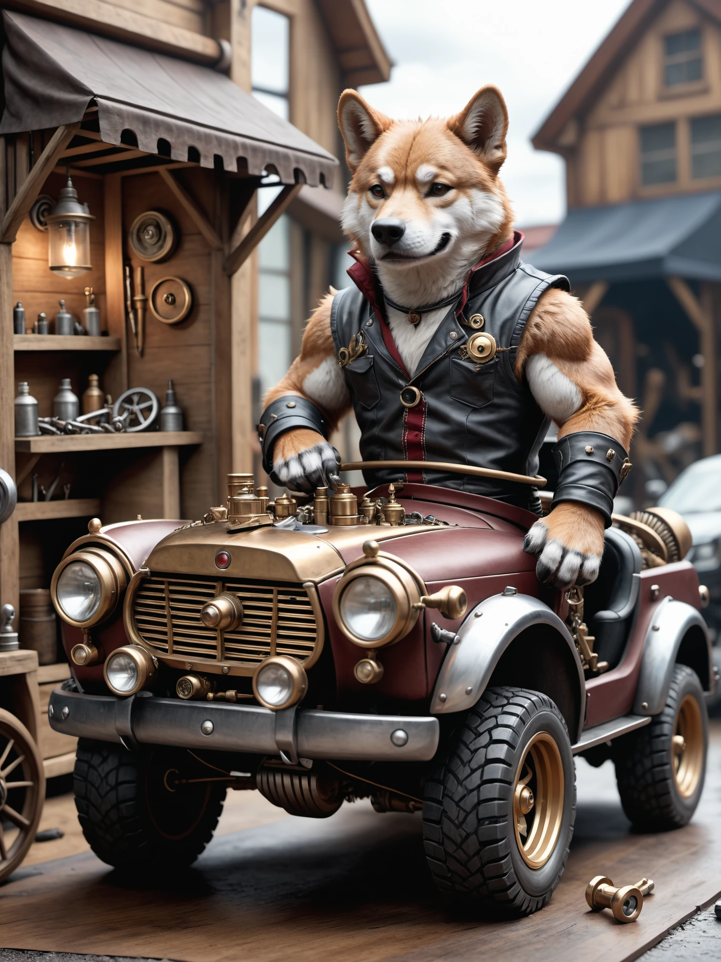 an anthro shiba inu mechanic full body fur is repairing his steampunk car, detailed, realistic, 8k uhd, high quality