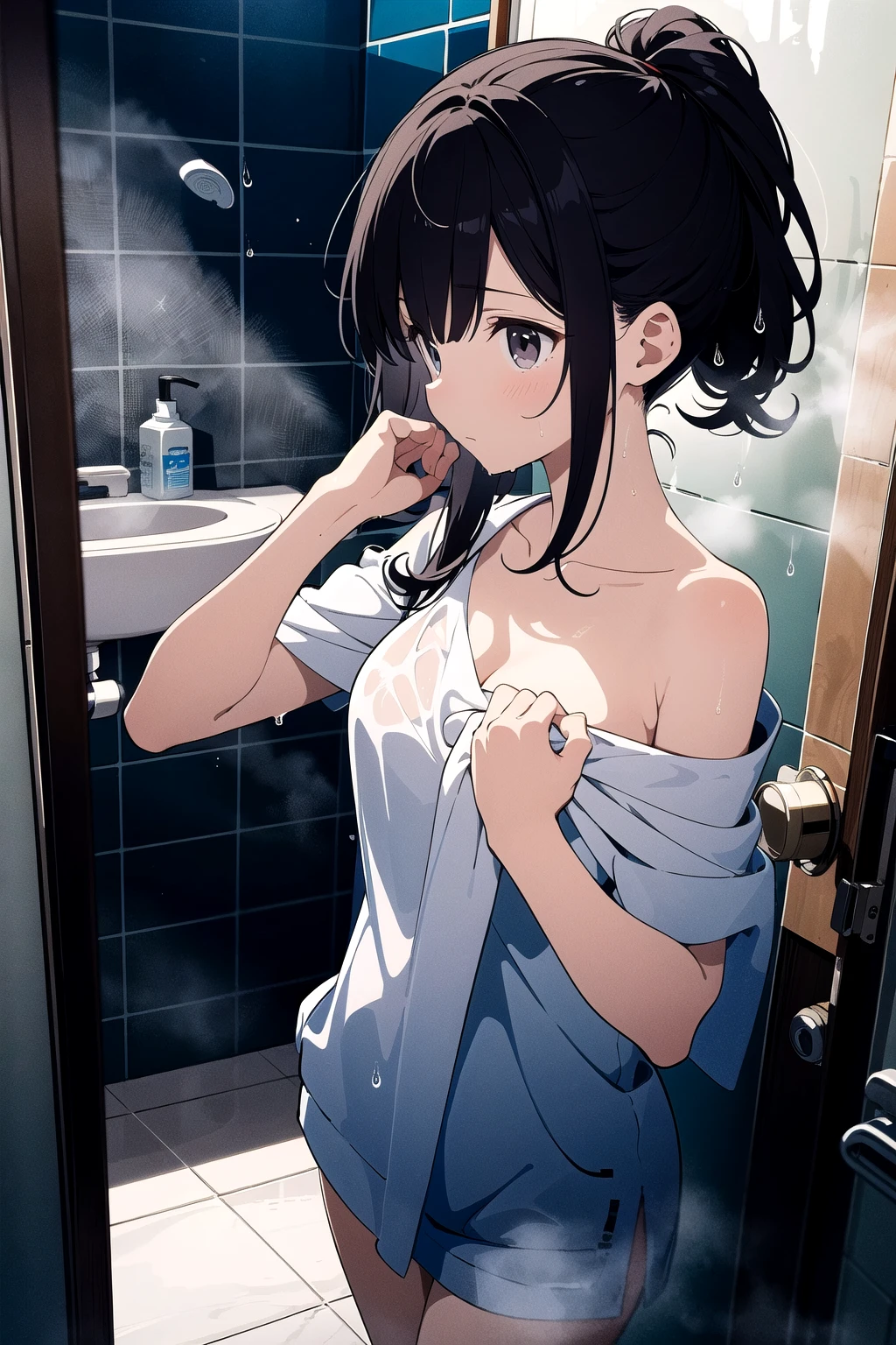 (nsfw:0.8), Masterpiece, Best Quality, ultra detailed, illustration, solo, A young girl wrapped in a towel stands in a steamy bathroom, her wet hair clinging to her shoulders. She appears to have just finished taking a bath or shower, as evidenced by the droplets of water on her skin and the misty air around her. Her expression is relaxed, and she seems to be enjoying the sensation of warmth and cleanliness after her bath. The bathroom is brightly lit, and the tiles and fixtures gleam with cleanliness.