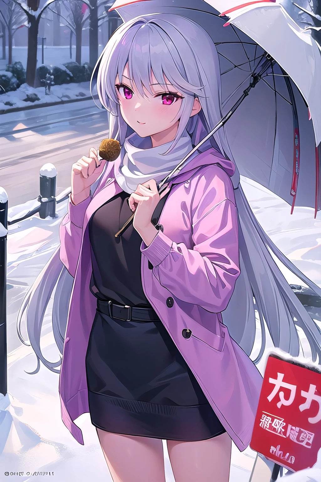 masterpiece, best quality, ultra-high-detailed, 1girl, kazami kazuki, silver hair, purple eyes, long hair, winter coat, snow, winter