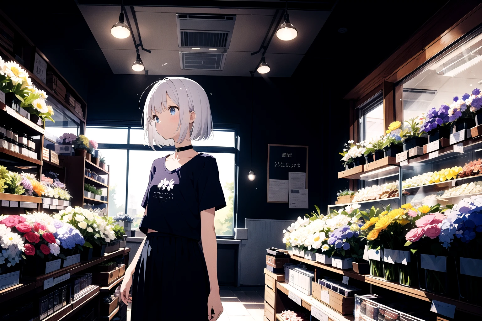 illustration, flower shop, 1girl, solo, looking away, white hair, bob cut, slanted blue eyes, black choker, small breasts, T-shirt, long skirt,