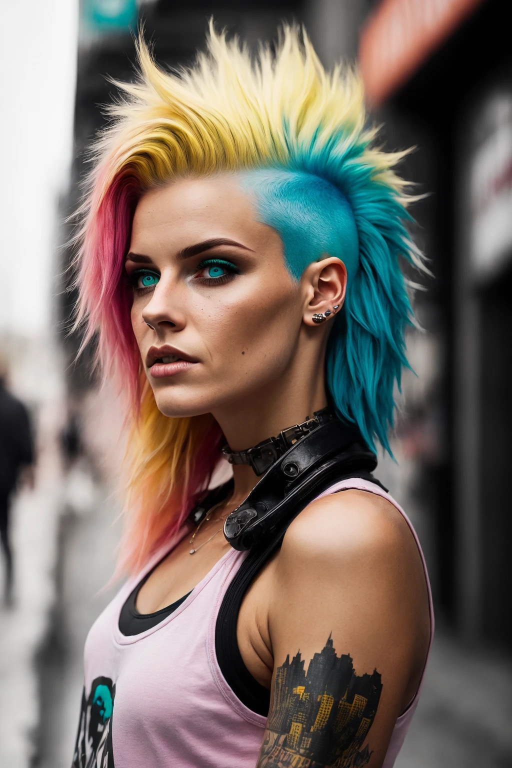 A girl with short  multicolored pink teal and yellow hair faux hawk style, outdoors, cyberpunk city, she has shaved hair, mohawk style